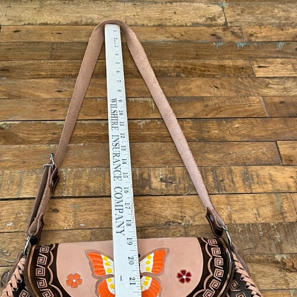 Mexican Hand-Tooled Leather Crossbody Bag Butterfly & Floral Design - Picture 3 of 14